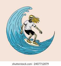 a skeletal skeleton with blonde hair was surfing on a crescent-shaped wave