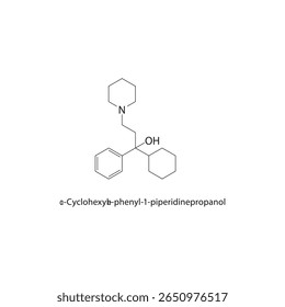 Estructura esquelética de α-ciclohexil-α-fenil-1-piperidinepropanol. Ilustración esquemática del compuesto de alcohol. Diagrama simple, fórmula química.