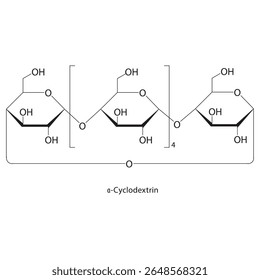 α-Ciclodextrina estrutura esquelética. Ilustração esquemática do composto de oligossacarídeo cíclico. Diagrama simples, fórmula química.