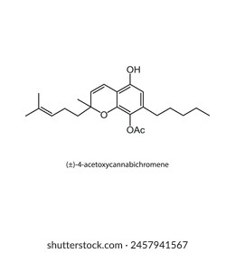 (±)-4-acetoxycannabichromene diagrama de estructura esquelética. ilustración científica de molécula compuesta sobre fondo blanco.