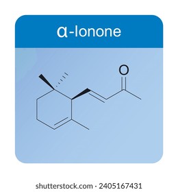 α-Ionone skeletal structure diagram.Monoterpenoid compound molecule scientific illustration on blue background.