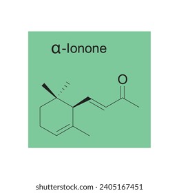 α-Ionone skeletal structure diagram.Monoterpenoid compound molecule scientific illustration on green background.