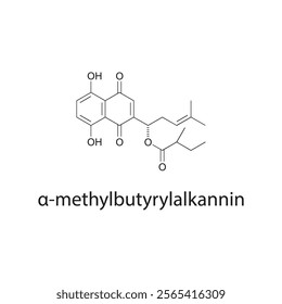 α-methylbutyrylalkannin skeletal structure diagram.Naphthoquinone compound molecule scientific illustration.