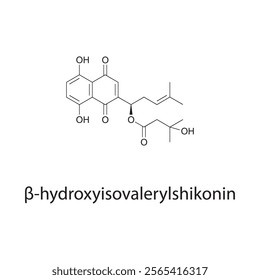 β-hydroxyisovalerylshikonin skeletal structure diagram.Naphthoquinone compound molecule scientific illustration.