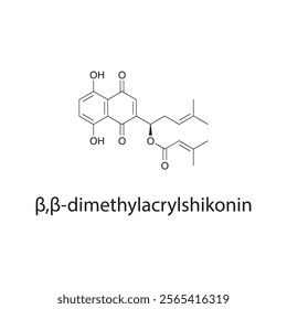 β,β-dimethylacrylshikonin skeletal structure diagram.Naphthoquinone compound molecule scientific illustration.