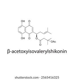 β-acetoxyisovalerylshikonin skeletal structure diagram.Naphthoquinone compound molecule scientific illustration.