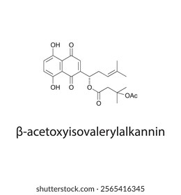 β-acetoxyisovalerylalkannin skeletal structure diagram.Naphthoquinone compound molecule scientific illustration.