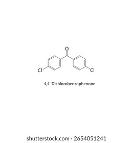 Estrutura esquelética do composto de 4,4’-diclorobenzofenona. ilustração esquemática do composto cetônico halogêneo. Diagrama simples, fórmula química.