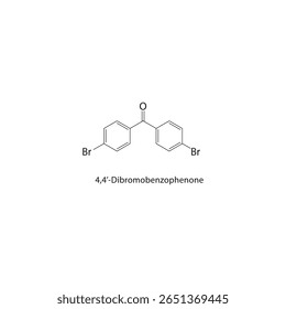 4,4’-Dibromobenzophenone skeletal structure. Halogenated ketone compound schematic illustration. Simple diagram, chemical formula.