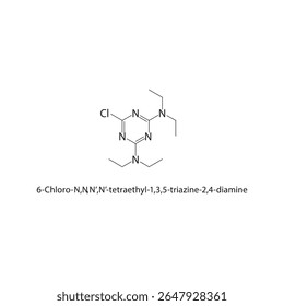 Estrutura esquelética de 6-cloro-N,N,N’,N’-tetraetil-1,3,5-triazina-2,4-diamina. Ilustração esquemática do composto derivado de triazina halogenado. Diagrama simples, fórmula química.