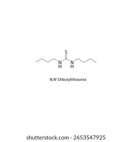 N,N’-Dibutylthiourea skeletal structure. Organosulfur urea derivative compound schematic illustration. Simple diagram, chemical formula.