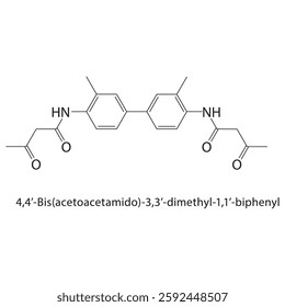 4,4’-Bis(acetoacetamido)-3,3’-dimethyl-1,1’-biphenyl skeletal structure.Amide compound schematic illustration. Simple diagram, chemical formula.