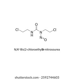 N,N’-Bis(2-chloroethyl)-N-nitrosourea skeletal structure.Nitrosourea compound schematic illustration. Simple diagram, chemical formula.