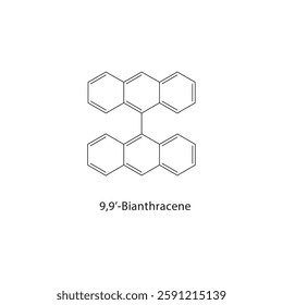 9,9’-Bianthracene skeletal structure.Polycyclic Aromatic Hydrocarbon compound schematic illustration. Simple diagram, chemical formula.