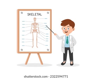 Skeletal System clipart cartoon style. Doctor presenting human skeletal system medical seminar flat vector illustration hand drawn. Skeleton, bones, spine. Hospital, medical, doctor conference concept