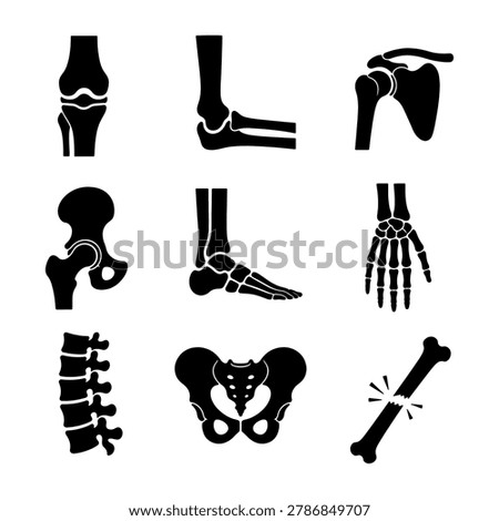 Skeletal system icons: joints bones spine pelvis hand anatomy with skeleton