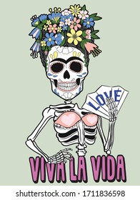 skeletal viva la vida with flower for T-Shirt Print Vectors