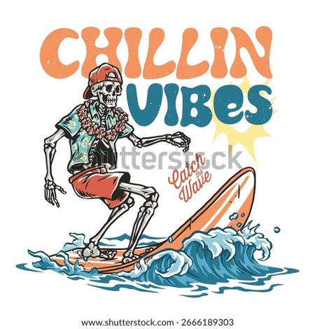 A skeleton adorned with flowers rides a surfboard on ocean waves under a bright sun showcasing a fun and laid-back surfing lifestyle perfect for summer vibes and beach culture.