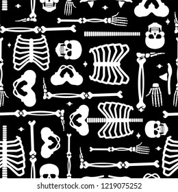 Skeleton Anatomy Human Pattern Seamless. Skeletal System Cross Section Backgrund. Bones And Skull. Ribs And Pelvic Bone. Vector Ornament