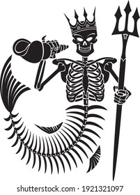 skeleton of ancient god neptune, poseidon, holding sea shell and trident