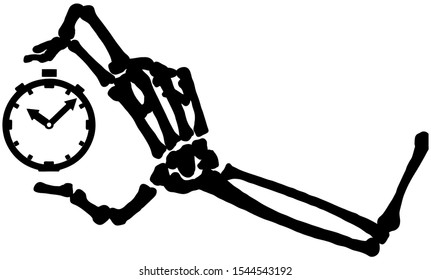 Skeleton arm bones holding clock silhouette stencil black, vector illustration, horizontal, over white, isolated
