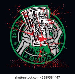 skeleton arm with money,  grunge vintage design t shirts