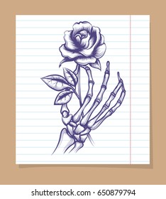 Skeleton arm sketch with rose on line page. Vector illustration