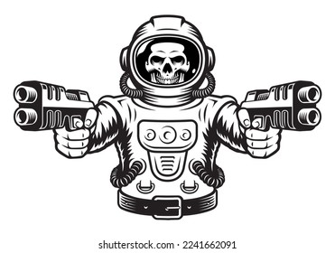 Astronauta esqueleto con pistolas aisladas en fondo blanco 