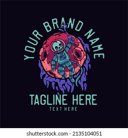 skeleton astronaut holding a bottle of beer vintage t shirt design template