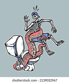 skeleton attacked by toilet monster illustration