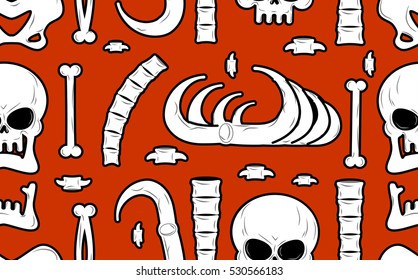Skeleton background. Bones seamless pattern. Skull ornament. Anatomy texture. Hell. cranium and spine. jaw and pelvis. Halloween template. Religion design

