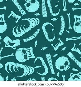 Skeleton background. Bones seamless pattern. Skull ornament. Anatomy texture. Hell. braincase and spine. jaw and pelvis. Halloween template. Religion design
