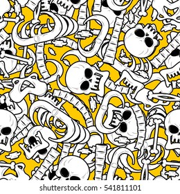Skeleton background. Bones seamless pattern. Anatomy texture. Hell pattern. Skull and spine. jaw and pelvis. Halloween template.
