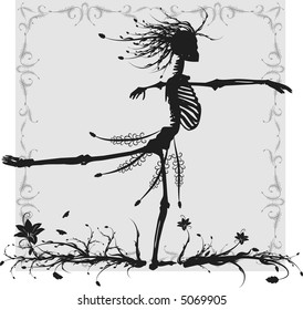 Skeleton background with leaves and roots in a dark grunge background.