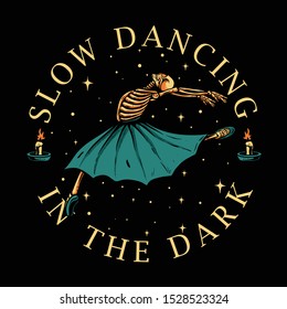 skeleton ballerina dancing with candle light vector illustration / skull slow dancing in the dark