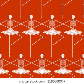 Skeleton ballerina pattern. Skull and bones ballet. Halloween background Vector illustration. 
