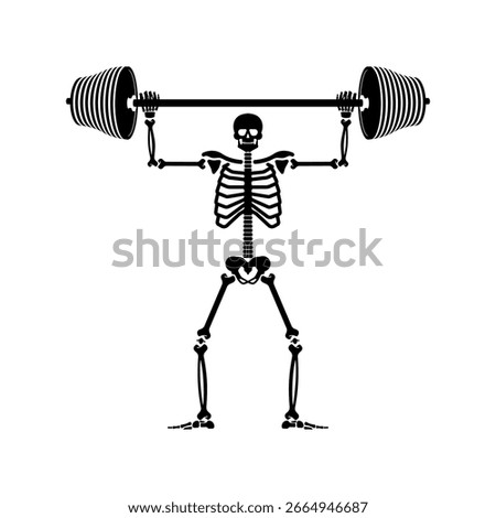 Skeleton and Barbell. Skull and bones and sport. Athletic dead man. Fitness bones
