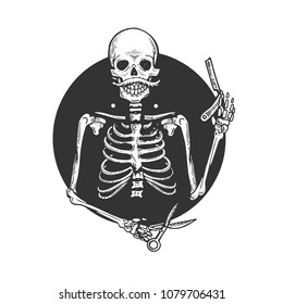 Skeleton barber engraving vector illustration. Scratch board style imitation. Black and white hand drawn image.