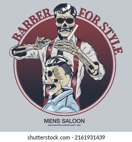 Skeleton barber shop  skull customer  cutting hair style  and scissors holding metal comb  red   navy gradient background and simple fonts  