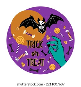 Skeleton bat, Halloween candy, bones and moon illustration for card, sticker, party invitation or stationery. Cartoon style.