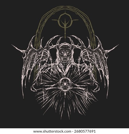 Skeleton with bat wings and occult halo, dark gothic line art design for metal band, tattoo, and streetwear illustration