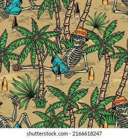 Skeleton beach pattern seamless vintage colorful sits on sand with bottles of alcohol under coconut trees tropical vacation vector illustration