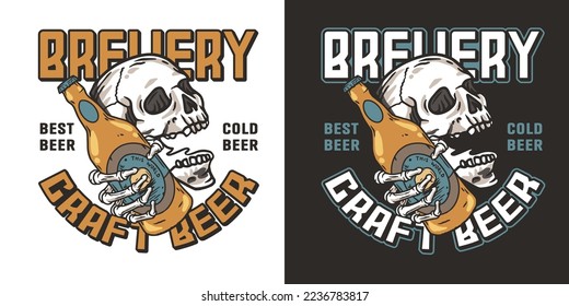 Skeleton with beer bottle in bone hand for design of label or poster. Brewery emblem, craft beer vector logo or print for pub, bar or beer store.