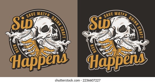 Skeleton with beer glass with splashes foam for bar emblem or drink print. Brewery logo design with skull, mugs and skeleton hands for craft shop or screen printing.