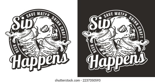 Skeleton with beer glass with splashes foam for bar emblem or drink print. Brewery logo design with skull, mugs and skeleton hands for craft shop or screen printing.