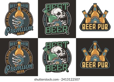 Skeleton beer set with bottle in bone hand. Brewery emblem, craft beer vector logo or print for pub, bar or beer store.