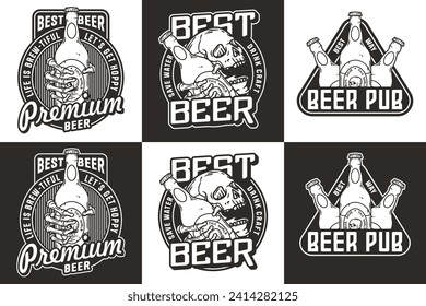 Skeleton beer set with bottle in bone hand. Brewery emblem, craft beer vector logo or print for pub, bar or beer store.