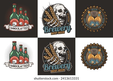 Skeleton beer set of emblems with skull and barley, bottle cap for brewery or bar. Craft beer vector logo for design label of pub and beer factory.