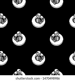 Skeleton with beer and swim ring seamless pattern on black background