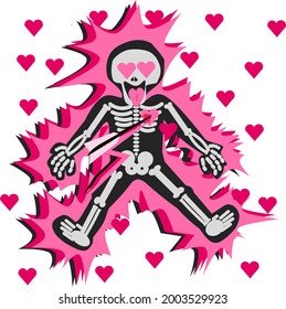 Skeleton being shocked by love. Cartoon vector illustration.